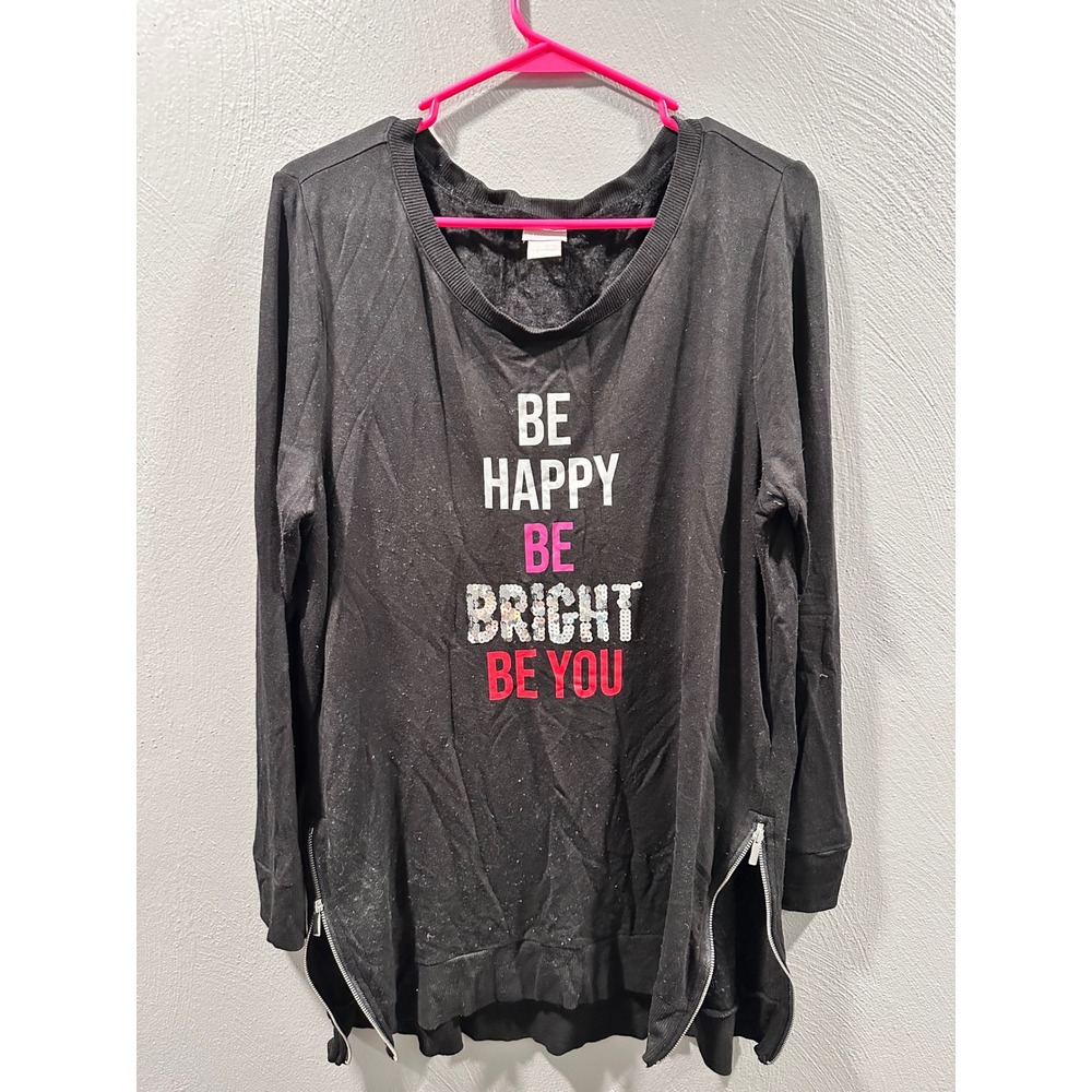 Chicos Zenergy Black Graphic Tunic Top Sequin Be Happy Bright Be You Size 2 L/XL